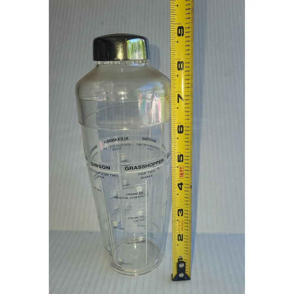 Clear Acrylic Cocktail Shaker with Printed Drink Recipes and Measurements 9.5